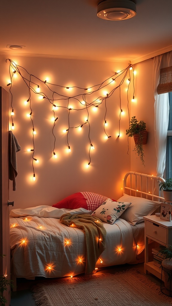 A cozy bedroom with warm fairy lights strung across the wall, a bed with colorful pillows, and a soft blanket.