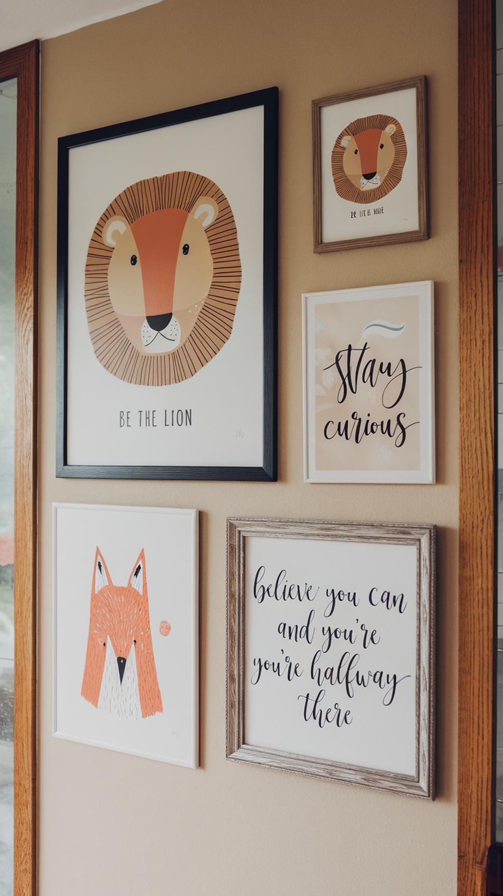 A wall display featuring whimsical animal art and inspirational quotes suitable for a feminine home office.