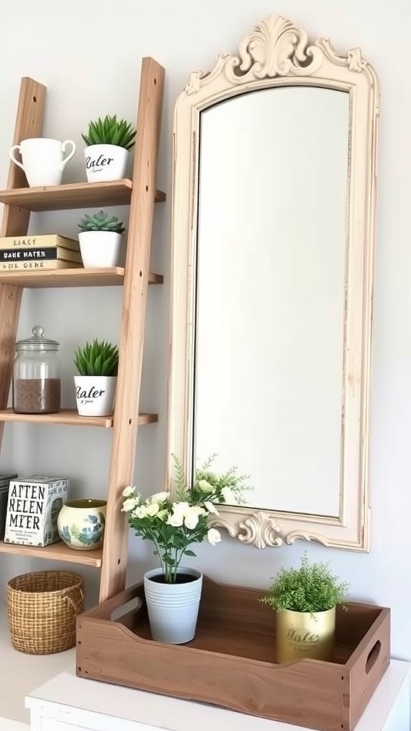 A vintage mirror and wooden ladder shelf with potted plants and decor
