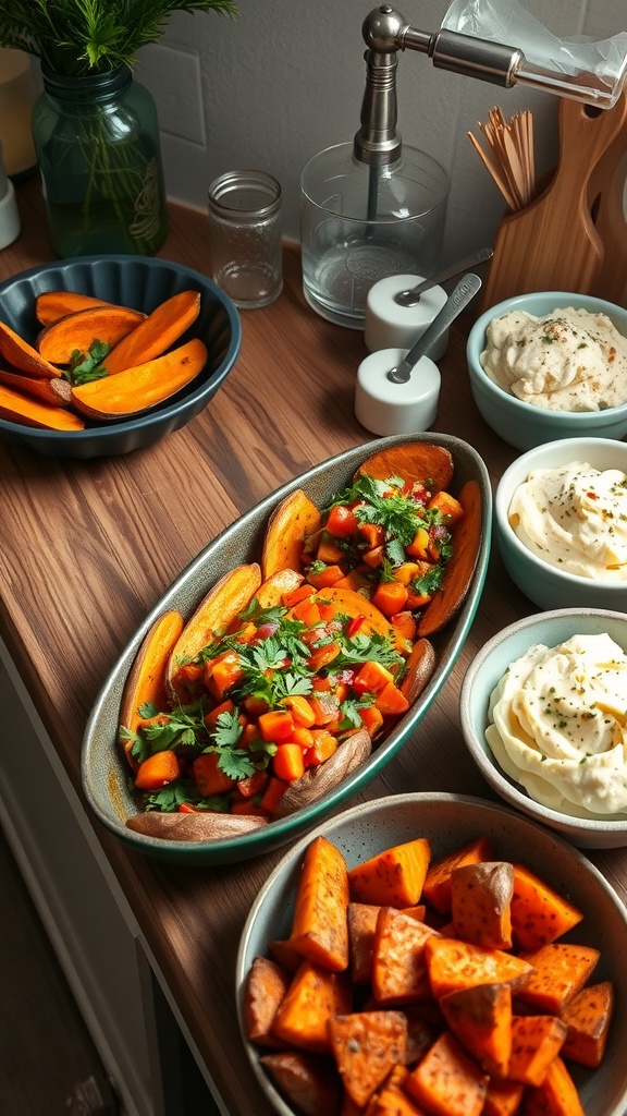 A variety of sweet potato dishes displayed on a wooden table, including roasted sweet potatoes, a vegetable medley, and creamy mashed sweet potatoes.
