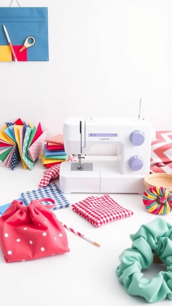 A bright sewing space with a sewing machine, colorful fabrics, and small sewing projects.