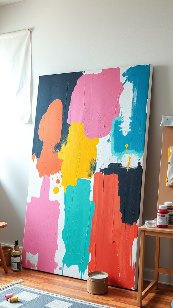A colorful oversized canvas with bold strokes of paint, leaning against a wall in a bright room.