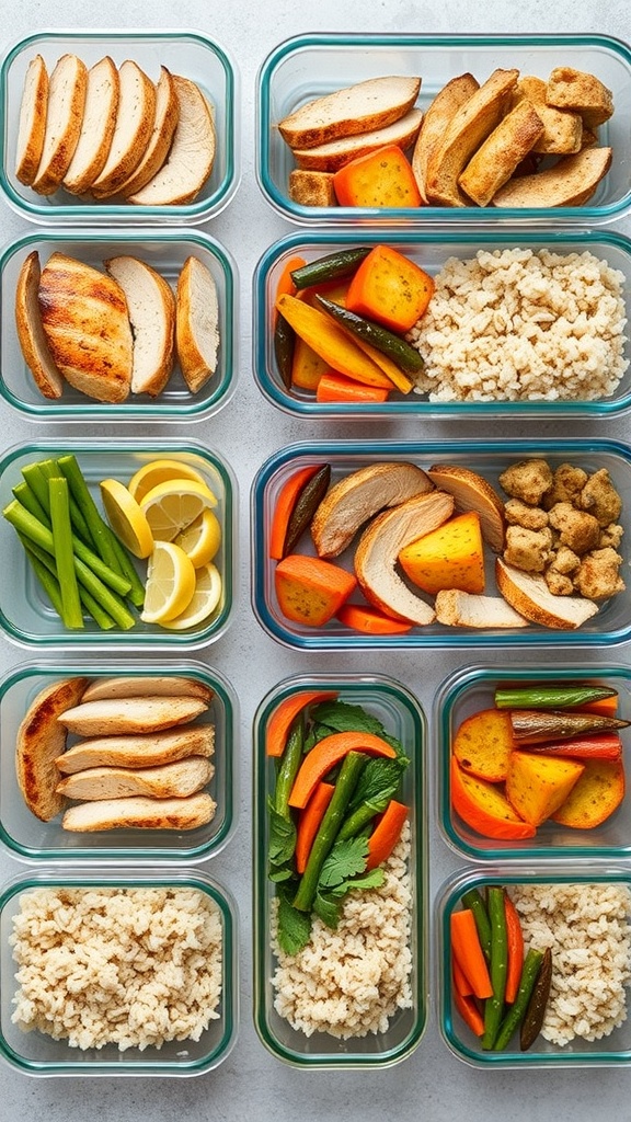 Meal prep containers filled with grilled chicken, vegetables, and rice.