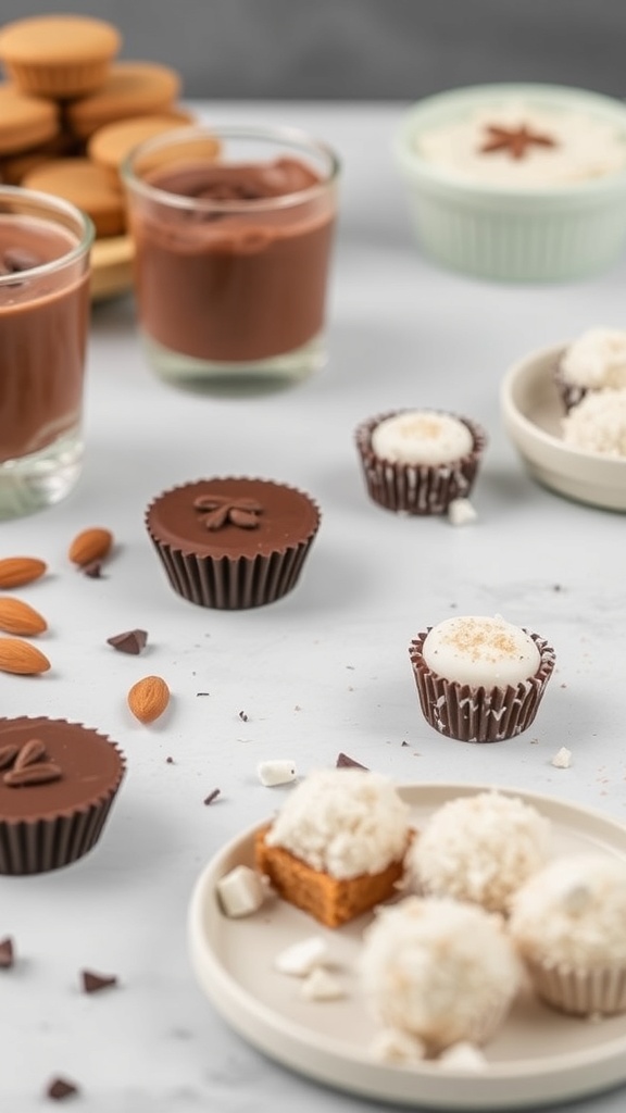 A variety of keto desserts including chocolate cups, coconut bites, and chocolate mousse in glasses.