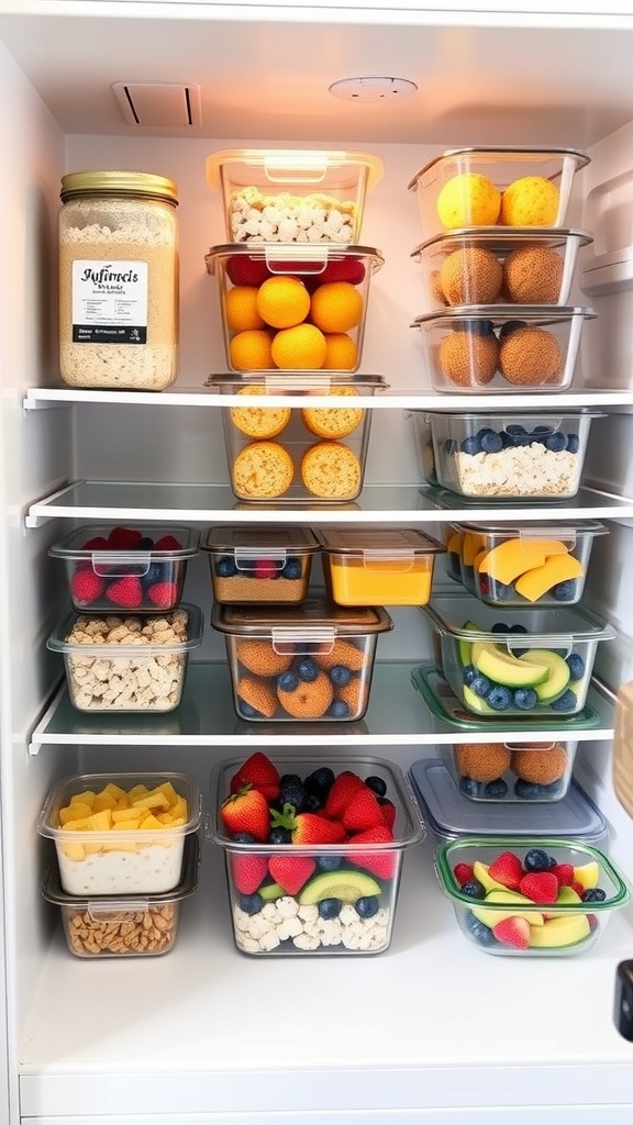 A well-organized fridge filled with healthy breakfast meal prep containers, including fruits and yogurt.