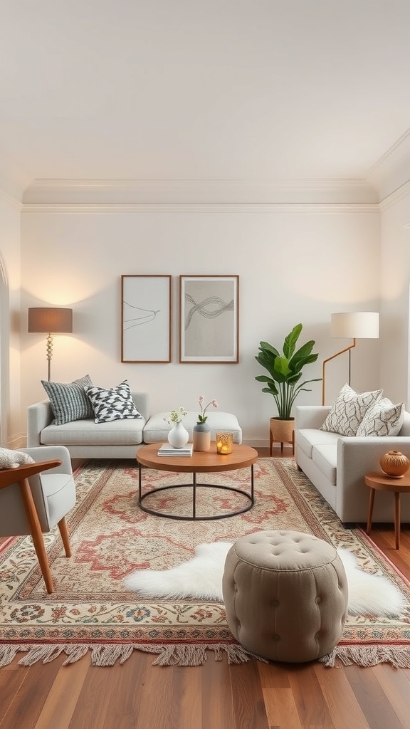 Stylish and inviting living room with neutral colors, cozy furniture, and decorative elements.