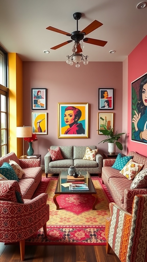 A stylish living room with colorful walls, patterned sofas, and eclectic artwork.