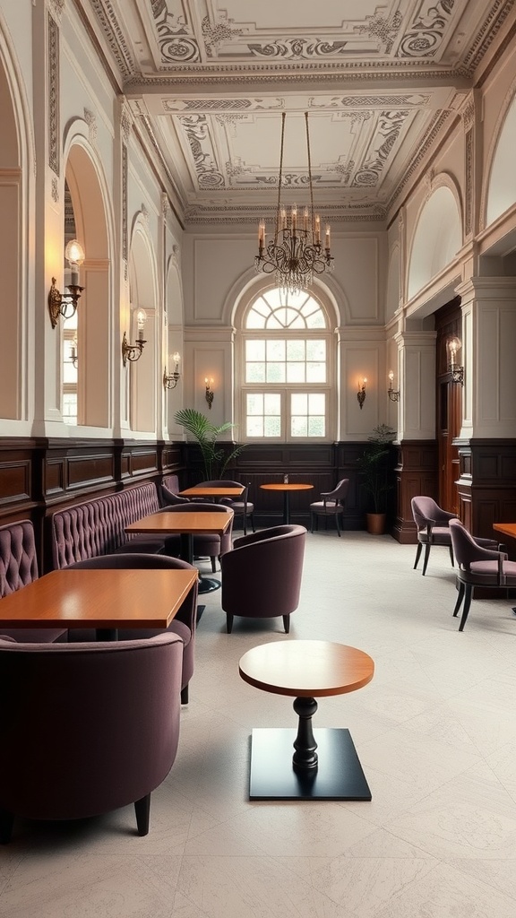 A stylish modern Victorian living room with purple chairs, wooden tables, and ornate ceiling details.