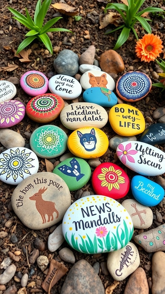 A colorful assortment of painted rocks with various designs and messages, placed among pebbles and plants.