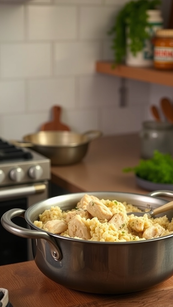 A pot of creamy chicken and cauliflower rice on a kitchen counter.