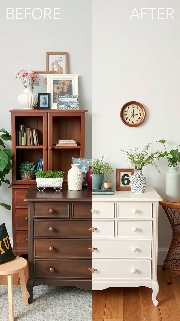 Before and after image of a dresser transformation from dark wood to white.