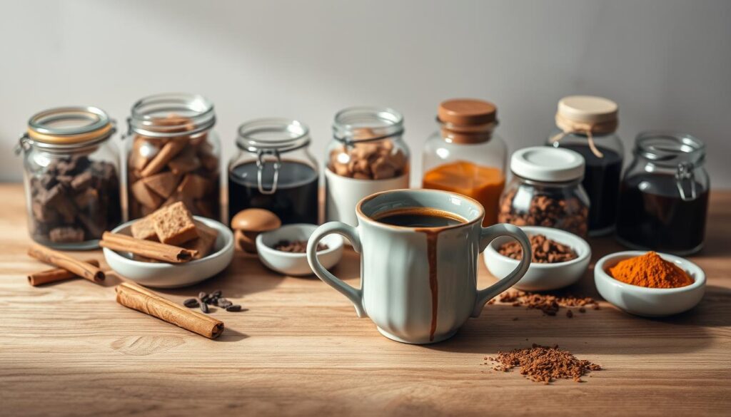 A beautifully lit, artisanal still life scene showcasing an assortment of gourmet coffee add-ins. In the foreground, a vintage ceramic mug filled with freshly brewed coffee is surrounded by an array of glass jars and ceramic bowls containing various flavors - cinnamon sticks, brown sugar cubes, vanilla extract, and a selection of finely ground spices. The middle ground features a polished wooden surface, its grain and texture accentuated by soft, directional lighting. In the background, a neutral, minimalist backdrop offers a clean, elegant canvas to highlight the rich colors and textures of the coffee accompaniments. The overall mood is one of thoughtful curation, inviting the viewer to explore the nuanced flavors that can elevate a simple cup of coffee. A beautifully lit, artisanal still life scene showcasing an assortment of gourmet coffee add-ins. In the foreground, a vintage ceramic mug filled with freshly brewed coffee is surrounded by an array of glass jars and ceramic bowls containing various flavors - cinnamon sticks, brown sugar cubes, vanilla extract, and a selection of finely ground spices. The middle ground features a polished wooden surface, its grain and texture accentuated by soft, directional lighting. In the background, a neutral, minimalist backdrop offers a clean, elegant canvas to highlight the rich colors and textures of the coffee accompaniments. The overall mood is one of thoughtful curation, inviting the viewer to explore the nuanced flavors that can elevate a simple cup of coffee.