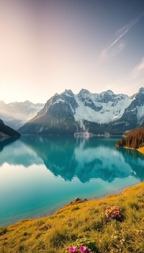 A breathtaking vista of Lake Seealpsee nestled in the majestic Appenzell Alps of Switzerland. The serene, turquoise waters reflect the towering, snow-capped peaks of the Alpstein Massif, creating a mirror-like surface that appears to seamlessly blend the sky and land. Gentle ripples dance across the surface, catching the warm, golden glow of the afternoon sun. Lush, verdant alpine meadows frame the lake's edge, dotted with vibrant wildflowers. A sense of peaceful tranquility pervades the scene, inviting the viewer to immerse themselves in the natural splendor of this enchanting alpine landscape. A breathtaking vista of Lake Seealpsee nestled in the majestic Appenzell Alps of Switzerland. The serene, turquoise waters reflect the towering, snow-capped peaks of the Alpstein Massif, creating a mirror-like surface that appears to seamlessly blend the sky and land. Gentle ripples dance across the surface, catching the warm, golden glow of the afternoon sun. Lush, verdant alpine meadows frame the lake's edge, dotted with vibrant wildflowers. A sense of peaceful tranquility pervades the scene, inviting the viewer to immerse themselves in the natural splendor of this enchanting alpine landscape.