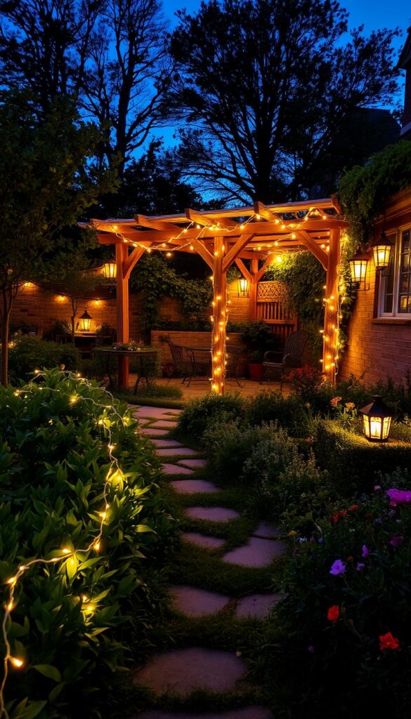 A charming English cottage garden at dusk, with a variety of warm, soft lighting accents. In the foreground, a path winding through lush, overgrown flower beds, lined with delicate string lights. In the middle ground, a rustic wooden pergola draped in fairy lights, casting a cozy glow over a small seating area. In the background, a stone wall adorned with solar-powered lanterns, illuminating the garden's edges. The overall mood is one of enchantment and tranquility, perfect for a quiet evening in a serene, English-style retreat.
