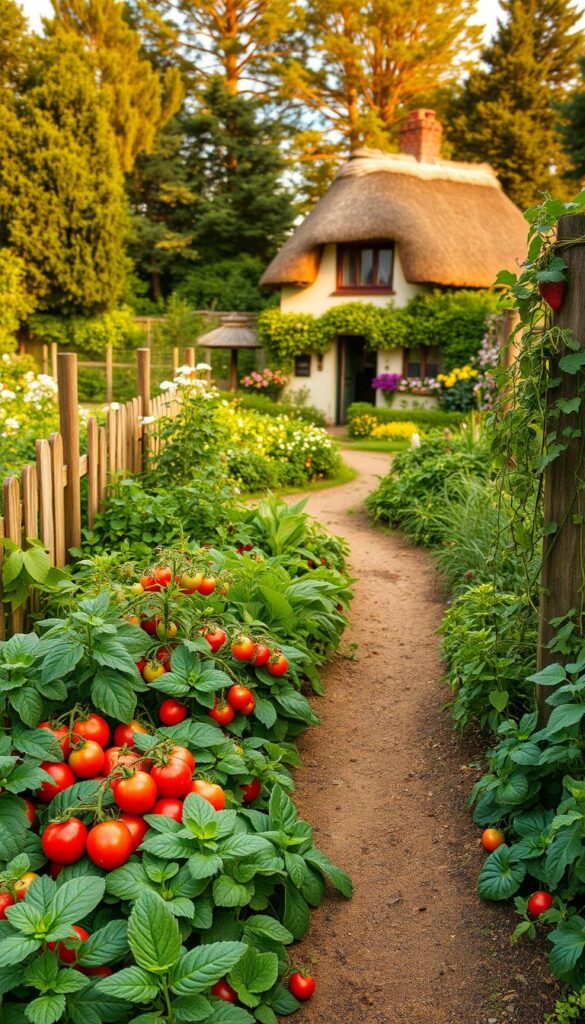 A charming English cottage garden, brimming with lush, edible delights. In the foreground, a vibrant vegetable patch overflows with leafy greens, juicy tomatoes, and colorful herbs. Winding pathways invite exploration, flanked by neat rows of strawberries and tender pea plants. In the middle ground, a quaint wooden fence frames the scene, its posts adorned with cascading vines. Beyond, a cozy cottage nestles among fragrant flowers and towering trees, its thatched roof glowing warmly in the soft, golden light of an afternoon sun. The overall atmosphere is one of tranquility, nourishment, and a sense of harmony between man and nature.