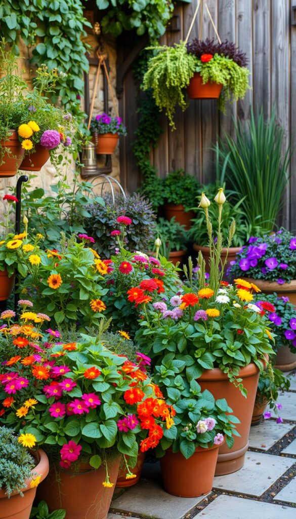 A charming English cottage garden filled with an abundance of lush, overflowing container plantings. The foreground features a variety of colorful flowering annuals and herbs cascading from terracotta pots and hanging baskets, creating a bountiful, spilling effect. The middle ground showcases a mix of potted shrubs, trailing vines, and ornamental grasses, adding texture and depth. In the background, a quaint stone wall or rustic wooden fence provides a natural, weathered backdrop, framing the scene. Warm, soft lighting filters through the greenery, casting gentle shadows and imbuing the space with a cozy, inviting atmosphere. The overall composition evokes a sense of effortless beauty, natural harmony, and the joyful expression of gardening in limited spaces.