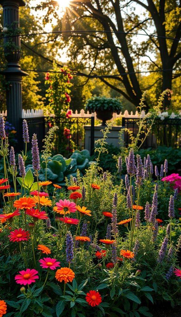A charming English cottage garden in full seasonal rotation. In the foreground, lush beds of vibrant annuals and herbs in bloom - cosmos, marigolds, lavender, and rosemary. In the middle ground, leafy vegetable plants like kale, spinach, and carrots sway gently. In the background, an ornate wrought-iron trellis supports climbing vines and flowering perennials. Warm, dappled sunlight filters through the surrounding mature trees, casting a soft, romantic glow. The scene evokes a sense of tranquility and the cyclical rhythm of nature. Captured with a wide-angle lens to showcase the depth and harmony of this abundant, well-tended garden.