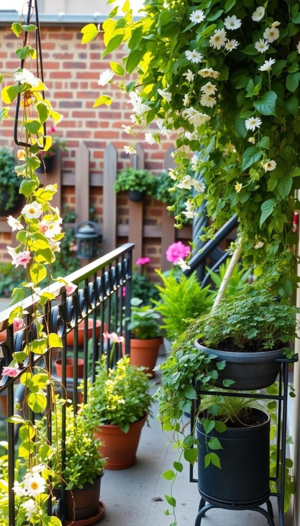 A charming balcony garden design, brimming with lush greenery and whimsical cottage-style flourishes. In the foreground, a wrought-iron balcony railing is adorned with cascading vines and trailing flowers, casting a soft, romantic glow. The middle ground features a collection of potted plants, from delicate herbs to vibrant blooms, arranged in a harmonious, welcoming display. In the background, a quaint brick wall or wooden fence provides a cozy, rustic backdrop, complemented by the gentle, warm light filtering through the scene. The overall atmosphere evokes the peaceful tranquility of a quintessential English cottage garden, perfectly suited for a balcony oasis.