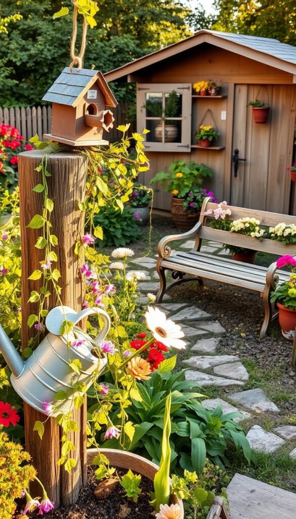 A charming garden scene featuring an array of upcycled decor pieces. In the foreground, a vintage watering can overflows with cascading vines and trailing flowers. Beside it, a whimsical birdhouse crafted from discarded materials perches atop a weathered wooden post. The middle ground showcases a rustic garden bench repurposed from reclaimed wood, surrounded by lush greenery and colorful blooms. In the background, a mosaic stepping stone path leads towards a quaint garden shed, its walls adorned with hanging planters made from repurposed items. Warm, golden afternoon sunlight bathes the scene, creating a cozy, inviting atmosphere. The overall composition highlights the beauty and creativity of transforming everyday objects into unique, eco-friendly garden decor.