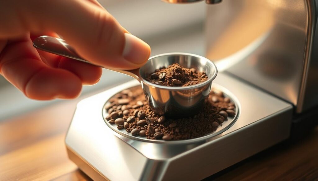 A close-up view of a hand carefully measuring freshly ground coffee beans onto a precision scale, illuminated by warm, natural lighting. The coffee grounds are a rich, dark brown, contrasting against the sleek, stainless steel scale. The background is blurred, creating a sense of focus and attention to the delicate process. The composition highlights the importance of getting the coffee-to-water ratio just right, emphasizing the care and attention required to brew the perfect cup of coffee. A close-up view of a hand carefully measuring freshly ground coffee beans onto a precision scale, illuminated by warm, natural lighting. The coffee grounds are a rich, dark brown, contrasting against the sleek, stainless steel scale. The background is blurred, creating a sense of focus and attention to the delicate process. The composition highlights the importance of getting the coffee-to-water ratio just right, emphasizing the care and attention required to brew the perfect cup of coffee.