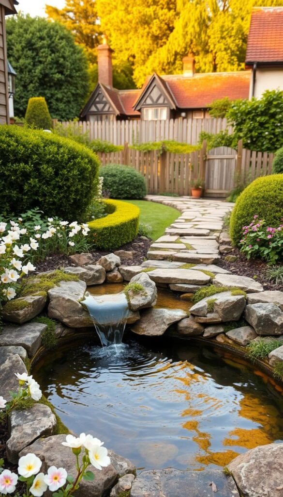 A cozy English cottage garden with a small, charming water feature nestled amidst lush greenery. The foreground showcases a tranquil stone-lined pond, gently cascading water spilling over natural rocks and mossy edges. Blooming flowers in pastel hues border the pond, their delicate petals reflected in the still surface. The middle ground features a quaint stone path leading to the water feature, flanked by neatly trimmed hedges and verdant foliage. In the background, a picturesque wooden fence and a cluster of English cottage-style buildings create a picturesque, quintessentially British scene, bathed in warm, golden afternoon light. The overall atmosphere is one of serene, rustic charm.