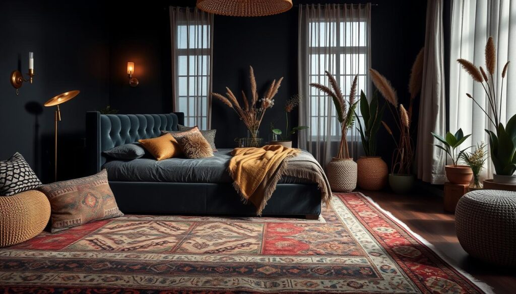 A cozy and inviting bohemian black bedroom with layered textiles and patterns. In the foreground, a plush velvet tufted headboard in a deep charcoal hue, accented with lush throw pillows in earthy tones and metallic accents. The middle ground features a mix of patterned area rugs, from vintage Persian to bold geometric designs, creating a visually stunning foundation. Ambient lighting from a brass floor lamp and wall sconces casts a warm, moody glow, while sheer, billowing curtains frame the large windows, allowing soft natural light to filter in. In the background, a cluster of potted plants and dried florals add a touch of organic texture, complementing the eclectic mix of textures and tones throughout the space. Prompt