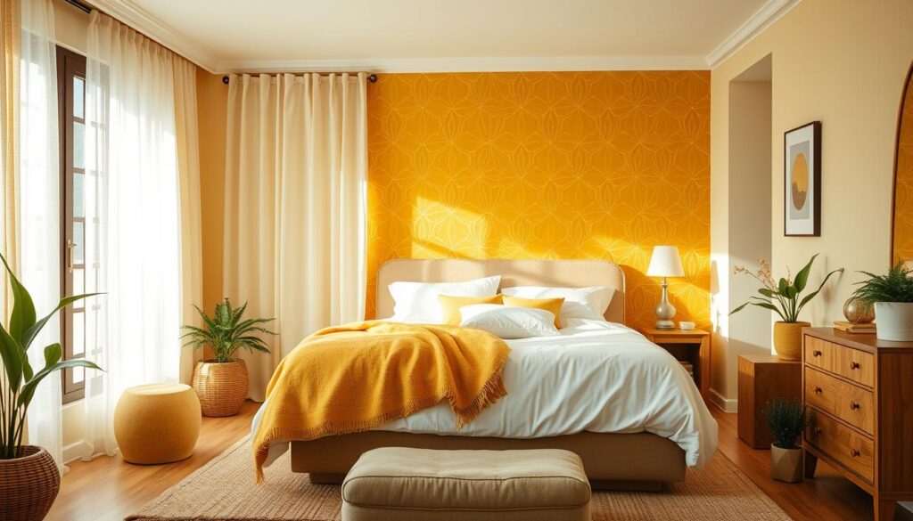 A cozy and inviting yellow bedroom with a striking accent wall. The wall features a bold, geometric pattern in shades of mustard and ochre, creating a visually captivating focal point. Soft, natural lighting filters through sheer curtains, casting a warm glow on the space. The bed is dressed in crisp white linens, complemented by plush textiles in golden hues. Wooden furniture and accents add depth and texture, while potted plants bring a touch of nature. The overall atmosphere is one of harmony and tranquility, perfectly suited for a serene and relaxing retreat.