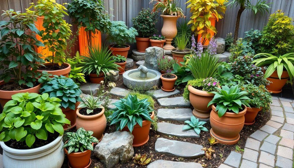 A cozy and vibrant container garden nestled in a backyard oasis. Thriving potted plants in varying sizes and shapes, from lush greenery to cascading blooms, arranged in an artful, symmetrical layout. Terracotta, ceramic, and wooden planters complement the natural stone and brick hardscaping elements. Warm, soft lighting casts a gentle glow, creating an inviting, serene atmosphere. A stepping stone path winds through the garden, leading the eye to a focal point featuring a whimsical water feature or small garden sculpture. Subtle hints of autumn foliage add depth and texture to the scene. The overall composition conveys a sense of harmony, balance, and the perfect blend of form and function. A cozy and vibrant container garden nestled in a backyard oasis. Thriving potted plants in varying sizes and shapes, from lush greenery to cascading blooms, arranged in an artful, symmetrical layout. Terracotta, ceramic, and wooden planters complement the natural stone and brick hardscaping elements. Warm, soft lighting casts a gentle glow, creating an inviting, serene atmosphere. A stepping stone path winds through the garden, leading the eye to a focal point featuring a whimsical water feature or small garden sculpture. Subtle hints of autumn foliage add depth and texture to the scene. The overall composition conveys a sense of harmony, balance, and the perfect blend of form and function.