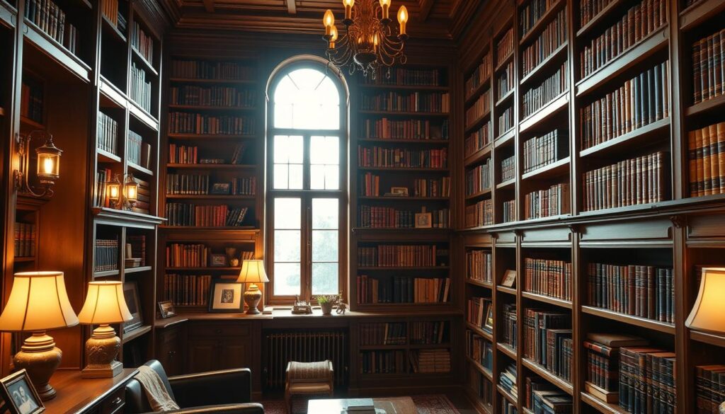 A cozy and well-organized home library with intricate wooden bookshelves, housing an assortment of leather-bound volumes and hardcover books. The shelves feature built-in compartments, drawers, and cubbies for storing smaller items like photo frames, decorative vases, and personalized trinkets. Warm, ambient lighting from sconces and table lamps creates a inviting, scholarly atmosphere. The room is bathed in a soft, golden glow, with natural sunlight filtering through large windows, casting a gentle radiance over the space. The overall design exudes a sense of tranquility and intellectual sophistication, perfect for an avid reader's personal sanctuary.
