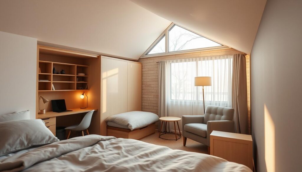 A cozy and well-organized low-ceiling bedroom, flooded with warm, natural light from a large window. In the foreground, a space-saving murphy bed folds down, revealing a compact desk and storage cubbies. Strategically placed shelves and wall-mounted lamps create the illusion of height. The middle ground features a minimalist, Scandinavian-inspired side table and a plush, tufted armchair. In the background, a neutral-toned, textured accent wall complements the soft grey bedding and sheer curtains, establishing a serene and airy atmosphere. The overall scene conveys efficient use of limited space through intelligent furniture choices and clever design elements.