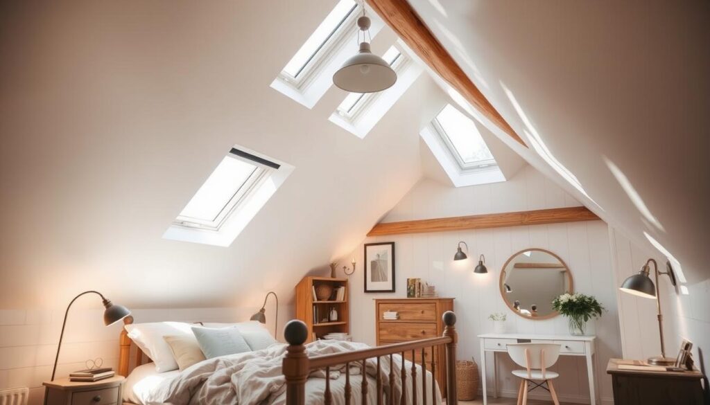 A cozy attic bedroom flooded with natural light streaming through dormer windows and skylights. Soft, diffused illumination creates a warm, inviting ambiance, while strategically placed task lighting accents the reading nook and vanity area. Wooden beams and whitewashed walls lend a rustic, Scandinavian-inspired aesthetic. A mix of pendant lamps, wall sconces, and recessed fixtures harmoniously illuminate the space, highlighting the architectural details. The overall mood is one of tranquility, comfort, and effortless style - a serene sanctuary perfect for relaxation and repose.