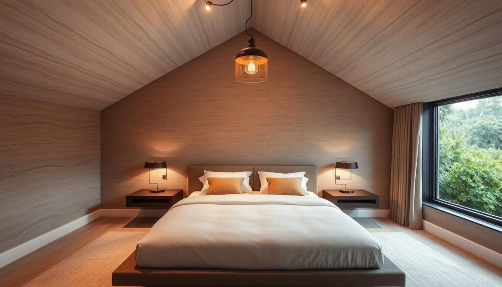 A cozy bedroom with low ceilings, bathed in soft, warm lighting. In the foreground, a minimalist platform bed with plush bedding and accent pillows. Flanking the bed, floating nightstands with sleek lamps casting a gentle glow. The walls feature textured, muted wallpaper in earthy tones, creating a calming ambiance. Overhead, a delicate, suspended light fixture with a vintage aesthetic. In the background, a large window overlooking a lush, verdant landscape, blurring the boundary between indoors and out. The overall mood is one of serene relaxation and thoughtful design, offering creative solutions for maximizing the potential of a low-ceiling bedroom.