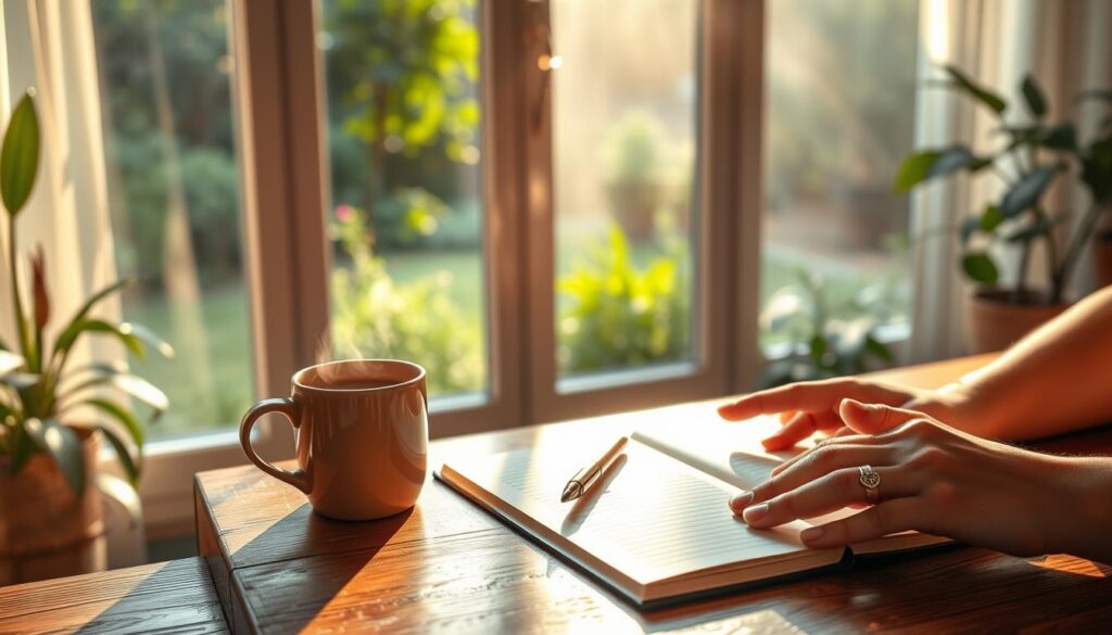 A cozy home office scene, bathed in warm morning light. In the foreground, a wooden desk holds a neatly arranged journal, pen, and a steaming mug of coffee. Hands are poised over the journal, ready to capture thoughts and intentions for the day. Behind the desk, a large window overlooks a lush, verdant garden, hinting at the rejuvenating connection with nature. Soft, diffused lighting filters through sheer curtains, creating a serene, meditative atmosphere. The overall mood is one of tranquility, focus, and the ritual of self-care through the practice of morning journaling.