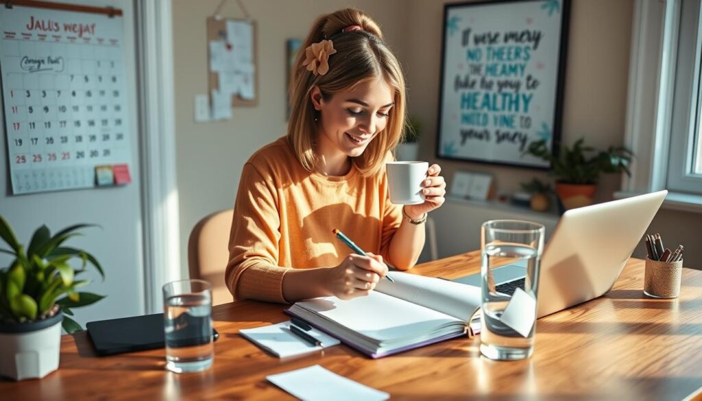 A cozy home office with warm, natural lighting. On a wooden desk, a woman sits focused, sipping coffee and writing in a planner, surrounded by inspirational notes, a laptop, and a glass of water. In the background, a wall calendar and motivational artwork hint at her healthy lifestyle goals. The overall scene conveys a sense of intentional, thoughtful morning routine.