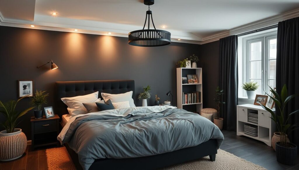 A cozy, inviting black bedroom filled with family-friendly decor. A large, plush black bed with soft gray and white bedding takes center stage, surrounded by neutral-toned furniture and accents. Warm track lighting casts a gentle glow, complemented by a minimalist black chandelier. In the corner, a small bookshelf holds framed family photos and children's books. Potted plants and natural textures, like a woven area rug, add organic touches. The overall atmosphere is serene, sophisticated, and conducive to relaxation and quality time with loved ones.