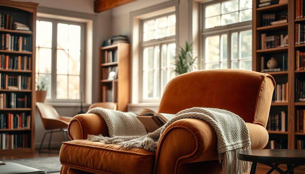 A cozy, inviting reading chair in a well-lit, serene living room setting. The chair is a plush, deep-seated armchair upholstered in a rich, warm fabric like velvet or chenille. Soft, natural lighting filters in through large windows, casting a gentle glow on the chair and the surrounding decor. Bookshelves line the walls, hinting at the joy of immersing oneself in the written word. A soft, woven throw blanket rests on the chair's armrest, beckoning the reader to sink in and get lost in their book. The overall atmosphere is one of comfort, relaxation, and intellectual pursuits.