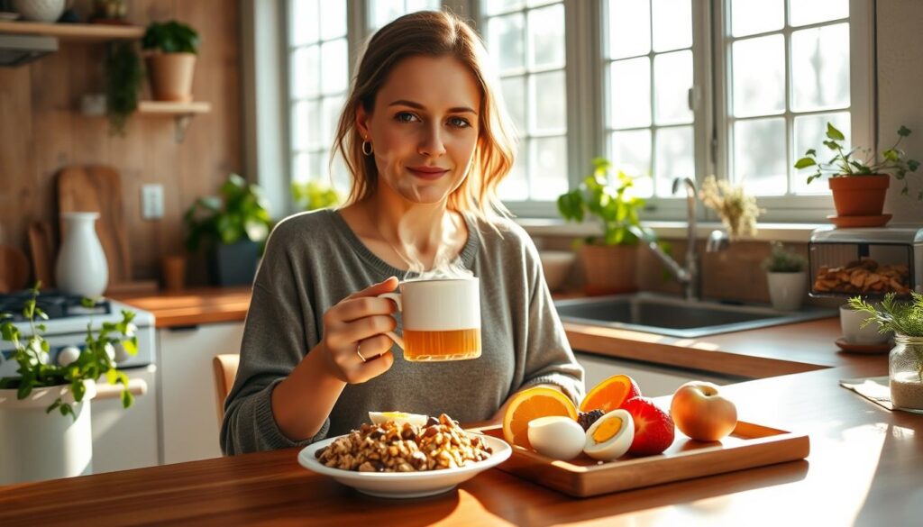 A cozy kitchen filled with natural light, a woman in her 30s sits at the counter, enjoying a nourishing breakfast. She holds a steaming mug of herbal tea, a plate of fresh fruit, granola, and a hard-boiled egg before her. Warm, earthy tones set the scene, with potted herbs and sunlight streaming through large windows. The woman's expression is calm and focused, as she begins her day with intention and care for her body. The scene conveys a sense of balance, wellness, and the quiet ritual of morning nourishment.