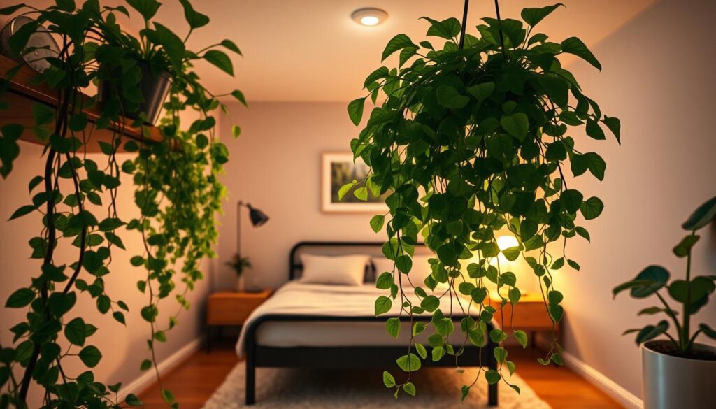 A cozy low-ceiling bedroom bathed in warm, diffused lighting. In the foreground, lush, verdant plants cascade from floating shelves, their leaves gently swaying. Midground showcases a minimalist bed frame and nightstands, allowing the greenery to take center stage. The background reveals tasteful decor - a framed nature print, a potted fiddle-leaf fig, and a softly textured area rug, all enhancing the serene, biophilic atmosphere. The camera angle is slightly elevated, capturing the clever space-saving design that maximizes the vertical space without feeling cramped. An inspirational, calming scene that blends nature and modern living harmoniously.