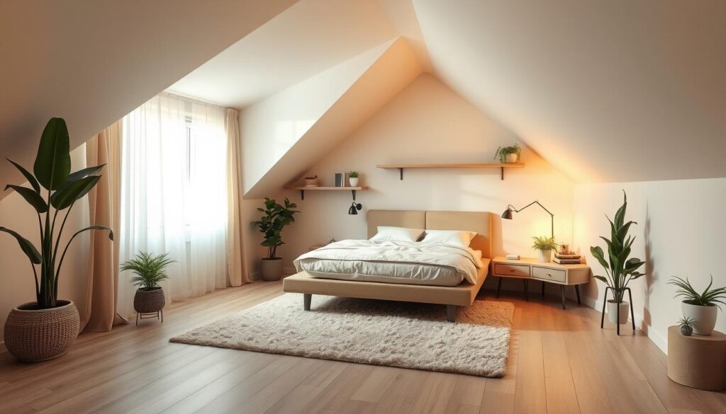 A cozy low-ceiling bedroom layout with an inviting ambiance. A soft, warm light filters through sheer curtains, casting a gentle glow over the minimalist furnishings. A platform bed takes center stage, its headboard complementing the neutral color palette. Floating shelves and a compact desk maximize the limited floor space, while a plush area rug and potted plants add natural touches. The angled walls create a sense of coziness, while the large window provides a glimpse of the outside world, making the most of the compact dimensions.