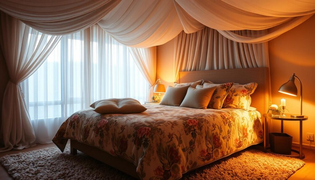 A cozy low-ceiling bedroom, warm lighting gently illuminating a lush floral patterned bedspread and coordinating curtains. Delicate sheer fabrics cascade from the ceiling, creating a soft, intimate atmosphere. Textured throw pillows in muted tones complement the floral motif, while a plush area rug in earthy hues grounds the space. Subtle metallic accents, such as a gleaming bedside lamp, add a touch of elegance. The overall effect is one of comfort, texture, and a harmonious blend of patterns that elevate the design of this inviting, low-ceiling bedroom.