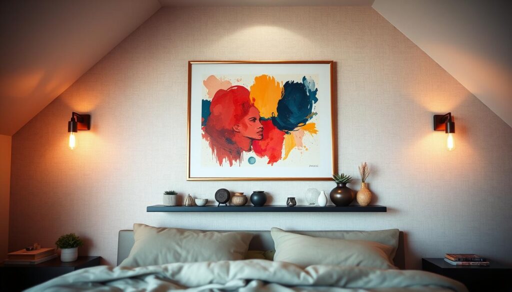 A cozy low-ceiling bedroom with a stylish artwork display solution. In the foreground, a sleek metal frame holds an abstract painting, its vibrant colors and bold brushstrokes commanding attention. Flanking the artwork, subtle wall sconces cast a warm, ambient glow, creating a refined and inviting atmosphere. In the middle ground, a minimalist floating shelf showcases an eclectic collection of decorative objects, ceramics, and small plants, adding depth and visual interest to the space. The background features a neutral-toned textured wall, complementing the modern and sophisticated aesthetic. The overall composition emphasizes a harmonious balance between the artwork, lighting, and carefully curated decor, making the most of the limited vertical space in this low-ceiling bedroom.