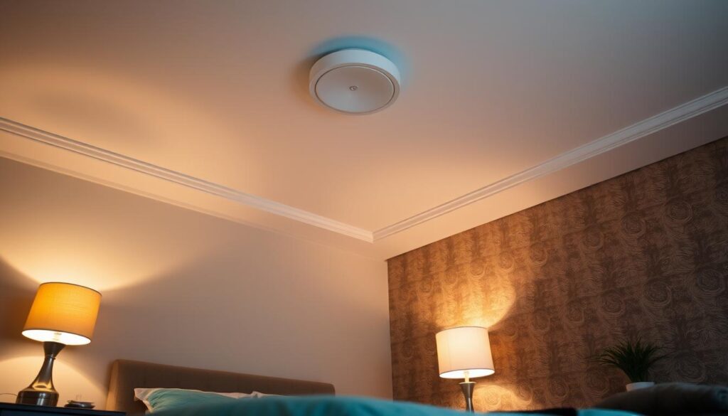 A cozy low-ceiling bedroom with a warm, inviting atmosphere. The foreground features a tastefully decorated bedside table with a statement table lamp, casting a soft, ambient glow. In the middle ground, the ceiling features a carefully selected flush-mount fixture, illuminating the space with a gentle, uniform light. The background showcases a feature wall with a textured, muted wallpaper pattern, creating depth and visual interest. The overall lighting setup balances functionality and aesthetic appeal, providing ample illumination while maintaining a relaxing, intimate ambiance.