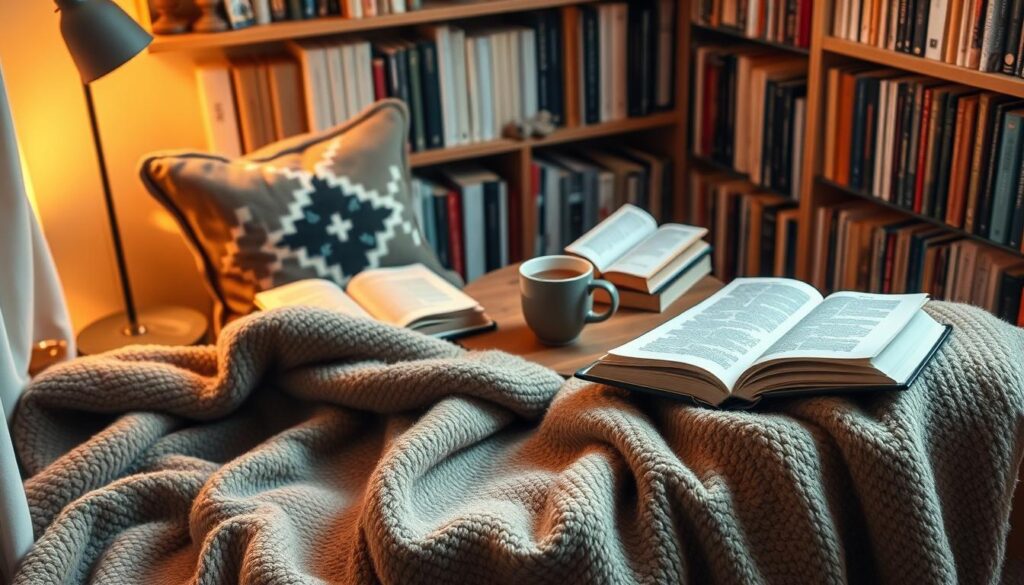 A cozy reading nook, bathed in soft, warm lighting, showcases an arrangement of inviting bookworm essentials. In the foreground, a plush, oversized throw blanket in a muted, earthy tone beckons for snuggling. Nearby, a decorative pillow in a complementary pattern adds a touch of texture. In the middle ground, a wooden side table holds a steaming mug of tea and a well-worn, dog-eared book. Surrounding the nook, bookshelves lined with classic titles create a sense of intellectual comfort. The overall atmosphere is one of serene contemplation, encouraging the reader to get lost in the pages.