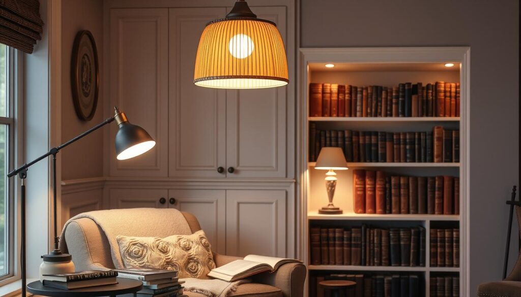 A cozy reading nook with an assortment of carefully selected reading accessories and elegant lighting solutions. In the foreground, a plush armchair with a soft throw blanket and a stack of books on a side table. Overhead, a warm, dimmable pendant light casts a gentle glow, complemented by a pair of adjustable task lamps on either side. In the background, a built-in bookshelf filled with leather-bound volumes and a decorative table lamp that illuminates the space. The atmosphere is inviting and relaxing, perfect for an immersive reading session.