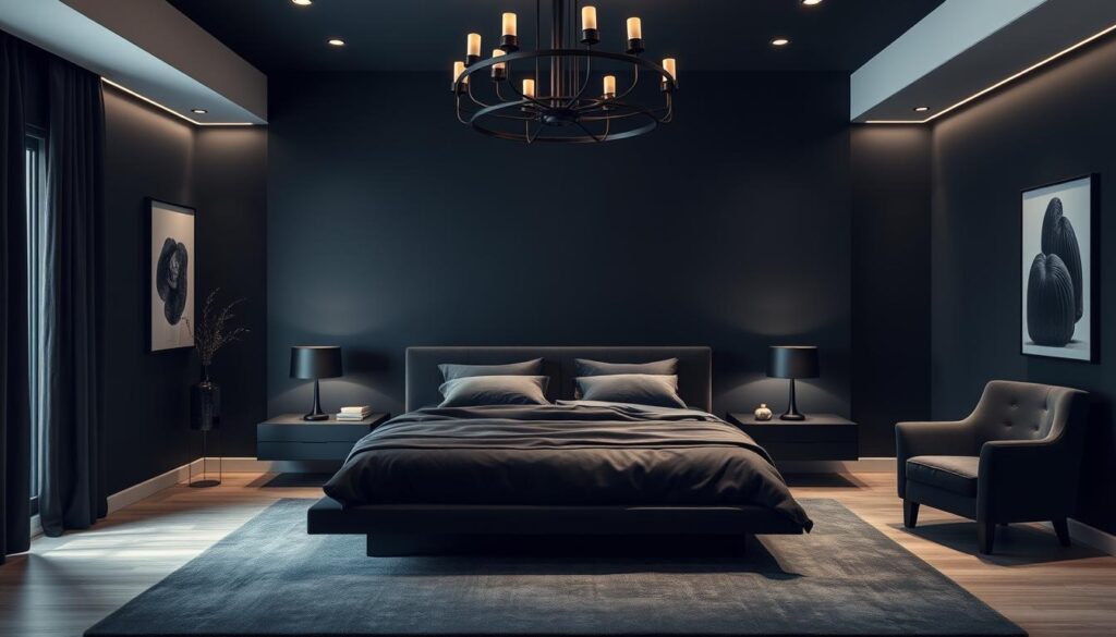 A cozy, sophisticated black bedroom with minimalist decor. A king-size platform bed with plush charcoal linens takes center stage, flanked by sleek floating nightstands with modern table lamps. The walls are painted in a deep onyx hue, creating a moody, enveloping ambiance. Overhead, a modern black chandelier casts a warm glow, illuminating the space. In the corner, a comfortable armchair upholstered in velvet invites relaxation. Minimalist art pieces and decorative vases add subtle visual interest. The room is bathed in soft, directional lighting, highlighting the luxurious textures and monochromatic palette. An elegant, serene sanctuary for rest and rejuvenation.