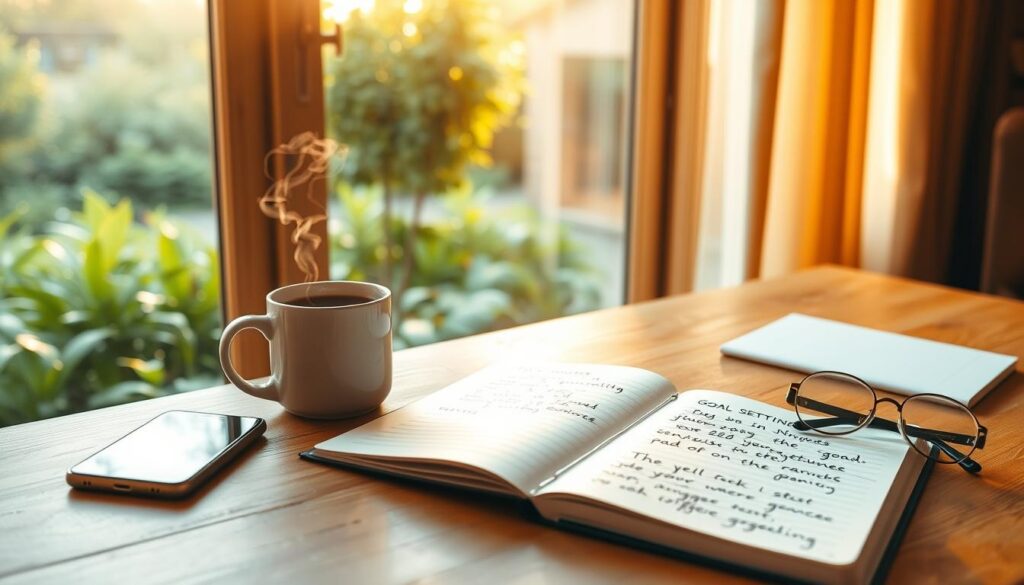A cozy, sunlit home office with a wooden desk, a mug of steaming coffee, and a notebook open, displaying handwritten goal-setting notes. On the desk, a smartphone displays a calendar app with the date highlighted, and a pair of reading glasses rests nearby. The background features a large window overlooking a lush, verdant garden, bathed in warm, golden natural light filtering through sheer curtains. The overall atmosphere is one of calm, focus, and intentionality, reflecting the subject of goal-setting and morning routine.
