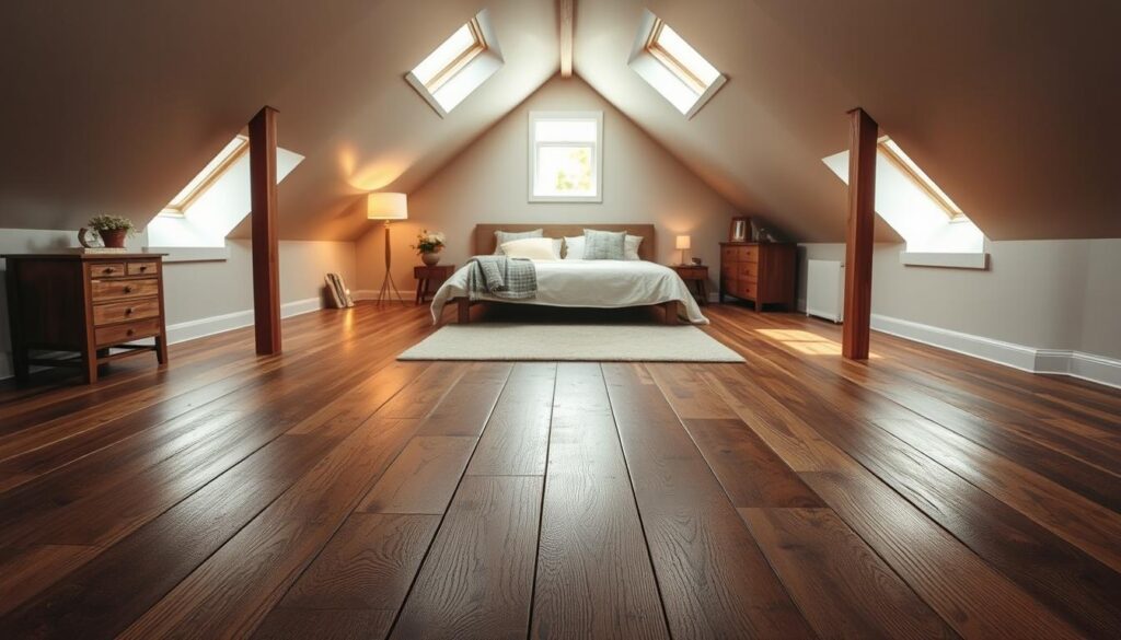A cozy, well-lit attic bedroom showcasing a variety of stylish flooring options. In the foreground, a rustic hardwood floor with a weathered, distressed finish creates a warm, inviting ambiance. In the middle ground, intricately patterned tile flooring in a muted color palette adds a touch of elegance. Towards the back, a plush, neutral-toned area rug delineates a seating area, complementing the overall aesthetic. The lighting is a perfect balance of natural illumination from skylights and strategically placed task lighting, casting a soft, flattering glow. The overall mood is one of sophisticated comfort, perfectly suited for a tranquil, relaxing retreat.