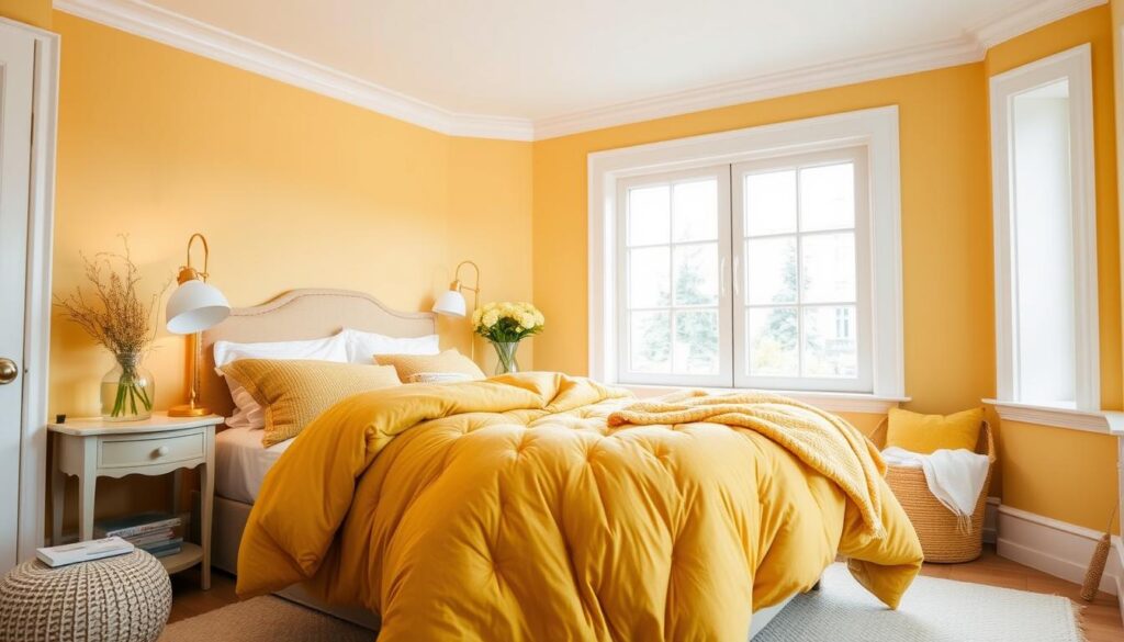A cozy, well-lit yellow bedroom with soft, diffused lighting that creates a warm, inviting atmosphere. The walls are painted a soothing, buttery yellow, complemented by crisp white trim. A plush, mustard-colored duvet cover adorns the bed, surrounded by fluffy pillows in coordinating shades. A large window floods the space with natural light, casting a gentle glow on the scene. Subtle yellow accents, such as a vase of fresh flowers or a patterned throw, add pops of color and depth. The overall effect is a harmonious, calming environment that showcases the uplifting and energizing qualities of the yellow hue.