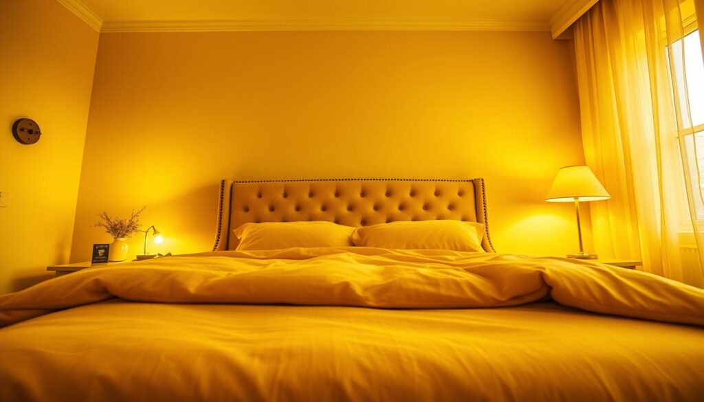 A cozy yellow-hued bedroom bathed in warm, diffused lighting. The focal point is a large, inviting bed with plush, tufted headboard, dressed in soft, sunny linens. Surrounding the bed, ambient light sources create a serene, enveloping glow - a wall sconce casts a gentle golden wash, a floor lamp offers a subtle accent, and a large window diffuses natural daylight through sheer curtains. The overall atmosphere is one of tranquility and comfort, perfectly complementing the cheerful yellow decor. Wide-angle lens captures the scene from a low, intimate perspective, emphasizing the relaxing ambiance.