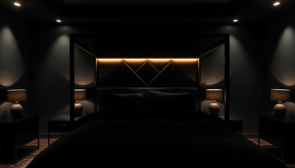 A dimly lit black bedroom with layered illumination, creating a moody and inviting atmosphere. In the foreground, a modern four-poster bed with plush black bedding is the focal point, bathed in a warm, ambient glow from concealed lighting along the headboard. In the middle ground, a pair of minimalist black nightstands flank the bed, each with a muted table lamp casting a soft, diffused light. The background features a feature wall with a geometric pattern, subtly illuminated by recessed lighting, casting shadows and depth. The overall lighting is designed to create a cozy, luxurious, and sophisticated black bedroom space.